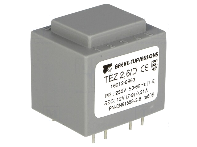 Transformator: ingegoten; 2,5VA; 230VAC; 12V; 208,3mA; PCB; IP00 Transformator: ingegoten; 2,5VA; 230VAC; 12V; 208,3mA; PCB; IP00
